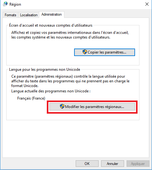 modifier les paramètres régionaux du système dans Windows 10